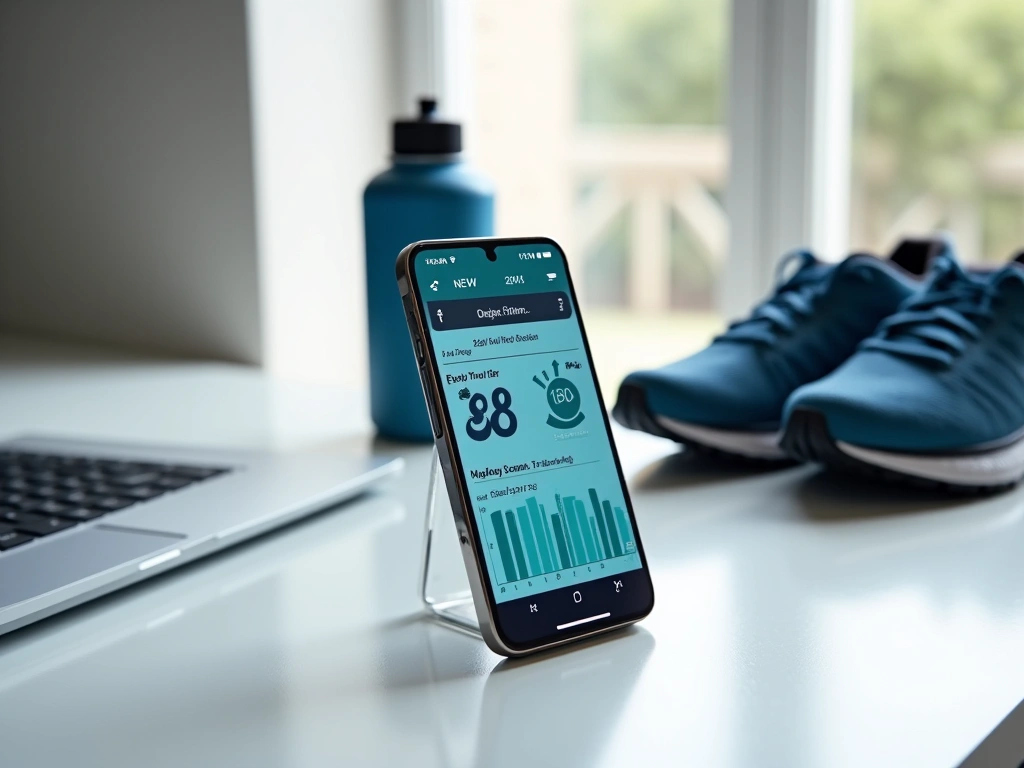 A clean, minimalist workspace featuring a smartphone displaying the miCoach Train and Run app interface. The app shows det...