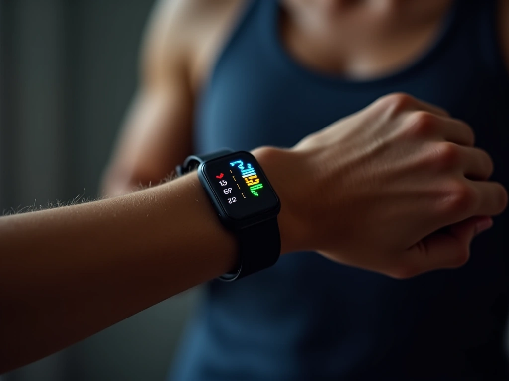 A close-up shot of a wrist wearing a fitness tracker with an illuminated LED light pipe displaying a specific color (e.g.,...