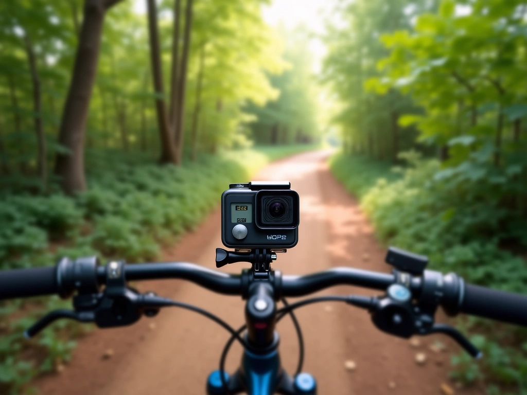 Photorealistic image of an action camera mounted on a black mountain bike handlebar, focused on a blurred, winding dirt tr...