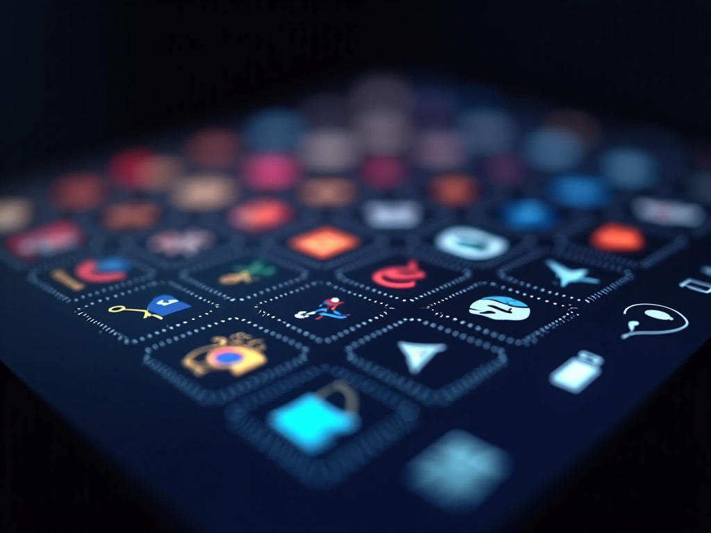 Close-up studio shot of a glowing, curved screen displaying a honeycomb grid of app icons, the icons are minimalist and co...