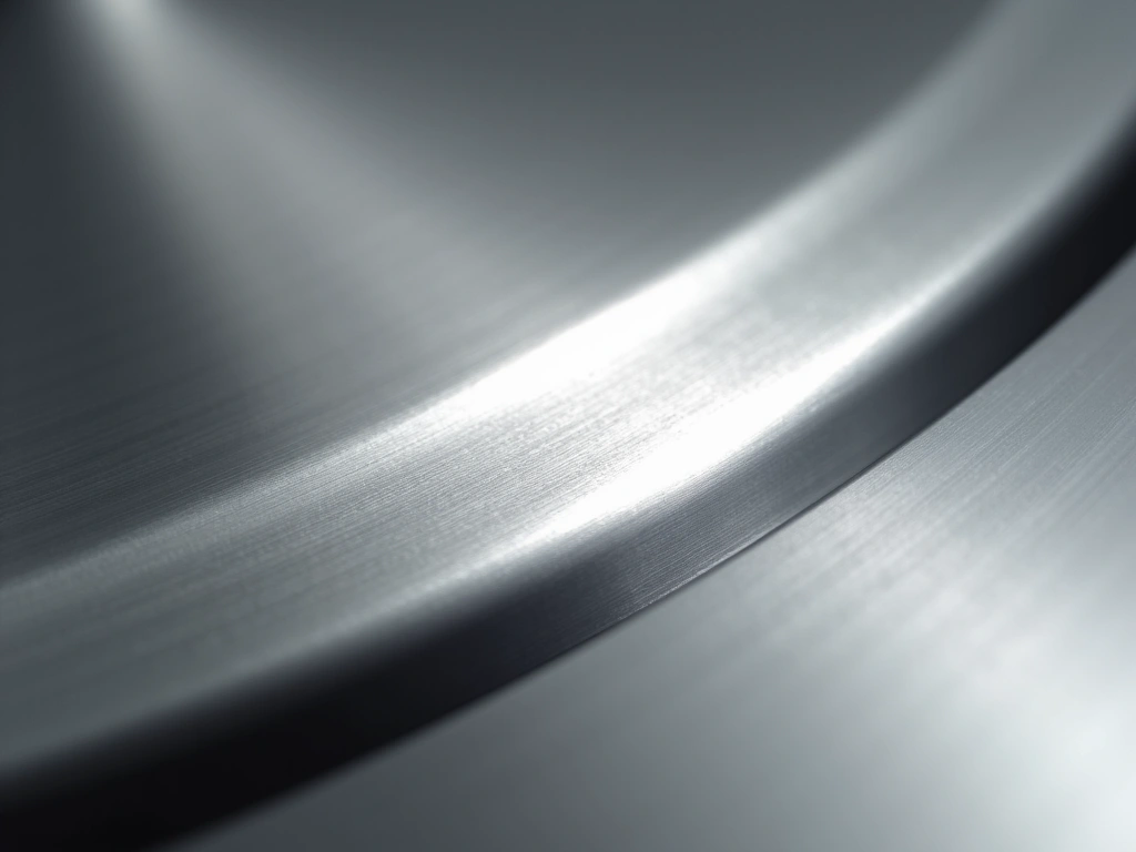 Extreme close-up of a highly polished stainless steel surface with subtle light reflections highlighting the smooth, curve...