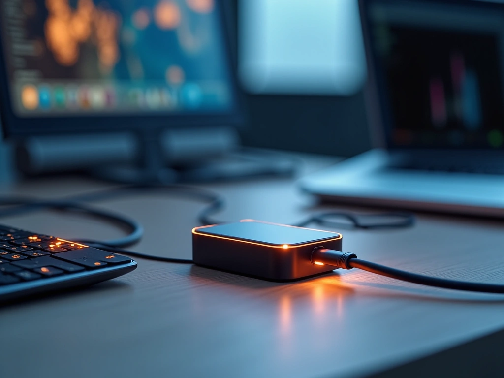 Close-up shot of a GaN charger plugged into a laptop and phone, with energy streams visualized as glowing lines flowing fr...