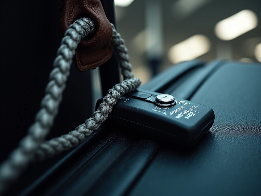 A thick, braided steel cable looped securely around a weathered luggage handle. An AirTag holder is attached to the cable,...