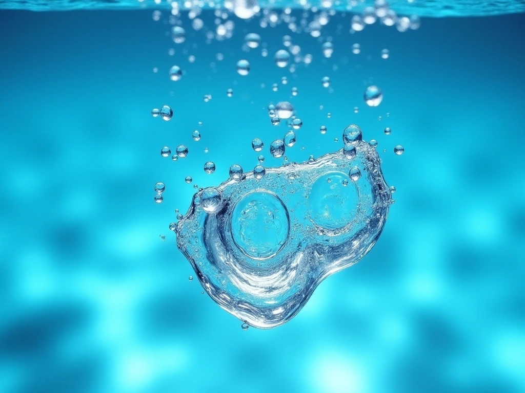 A close-up shot of a clear, waterproof AirTag holder submerged in crystal clear water, bubbles rising around it. The backg...