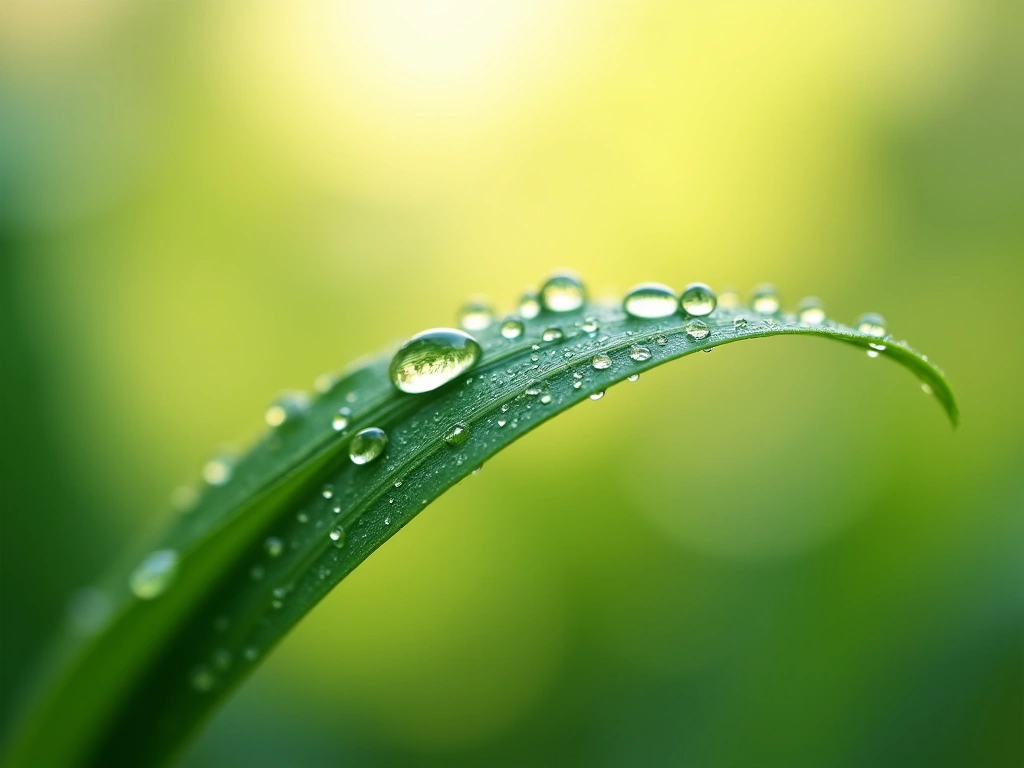 Close-up shot of dew drops clinging to a vibrant green leaf in the early morning light. The background is a soft, blurred ...