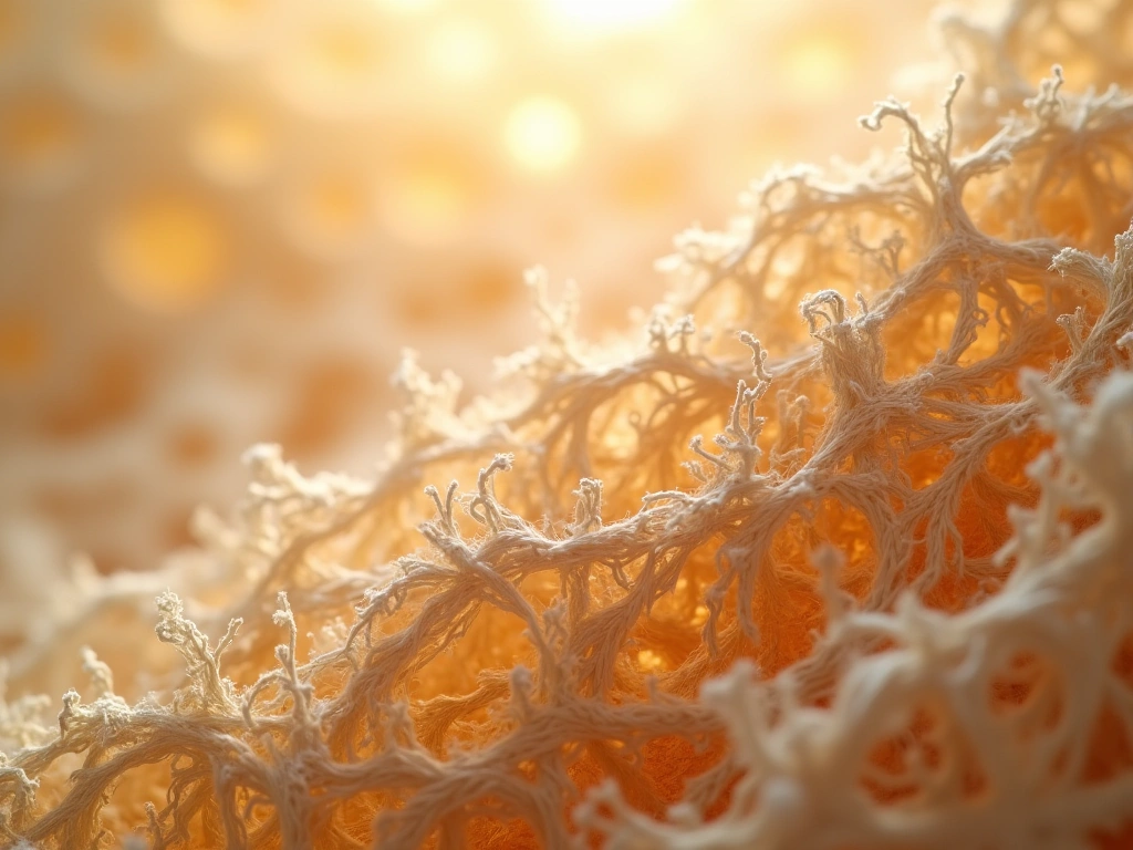 Macro photograph of intricately woven bamboo fibers, revealing a complex network of air pockets. Light filters through the...