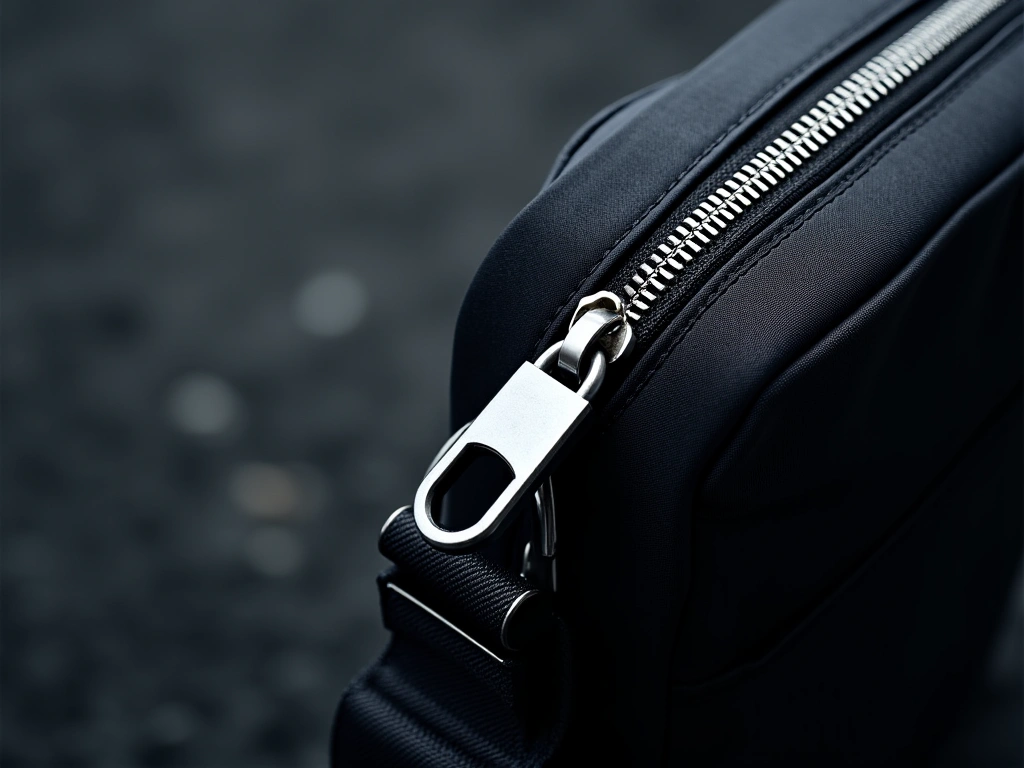 Close-up, photorealistic image of a locking zipper mechanism on a sling bag, highlighting the intricate details of the loc...