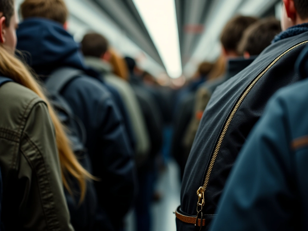 Photorealistic image of a crowded subway car, focusing on the textures of backpacks and bags, with blurred figures in the ...