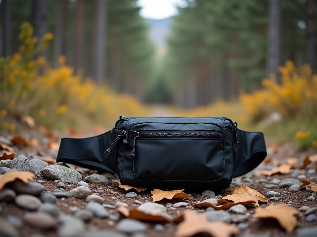 5 Best Belt Bags for Travel, Running, and Everyday Wear: 2024 Guide 1 A black belt bag lying on a rocky hiking trail next to fallen leaves, with pine trees blurred in the background, overcast ...
