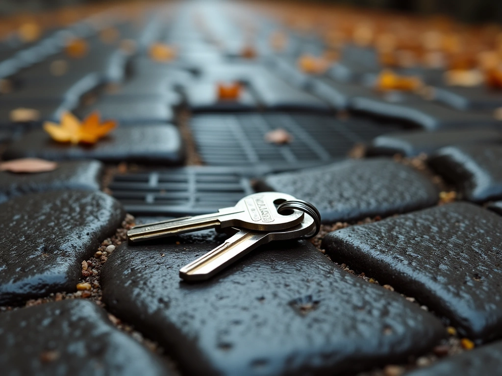 A set of keys lying on a cobblestone street next to a storm drain, slightly wet, with fallen autumn leaves scattered aroun...