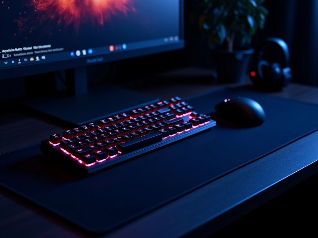 A dimly lit gaming setup featuring a compact keyboard with vibrant RGB backlighting, a high-performance mouse on a large m...