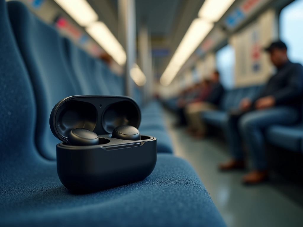 Photorealistic close-up of wireless earbuds case on a textured subway seat, bokeh background of blurred passengers and tra...