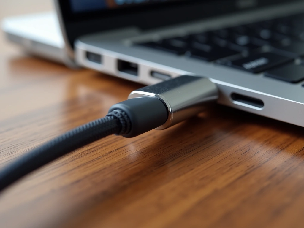 Photorealistic image of USB-C earbuds plugged into a sleek laptop on a wooden desk, focus on the metallic details of the c...