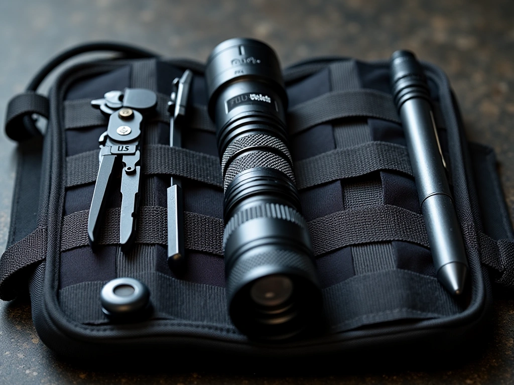 Close-up shot of a meticulously organized tactical molle pouch, showcasing various EDC items like a flashlight, multi-tool...