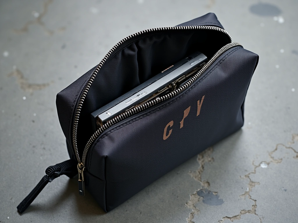 Overhead shot of an open EDC pouch on a textured concrete surface, revealing internal organization with elastic loops hold...