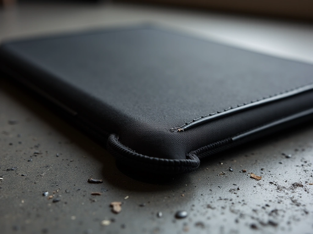 Close-up shot of a rugged, black iPad sleeve lying on a rough concrete surface. Focus is on the reinforced corner of the s...
