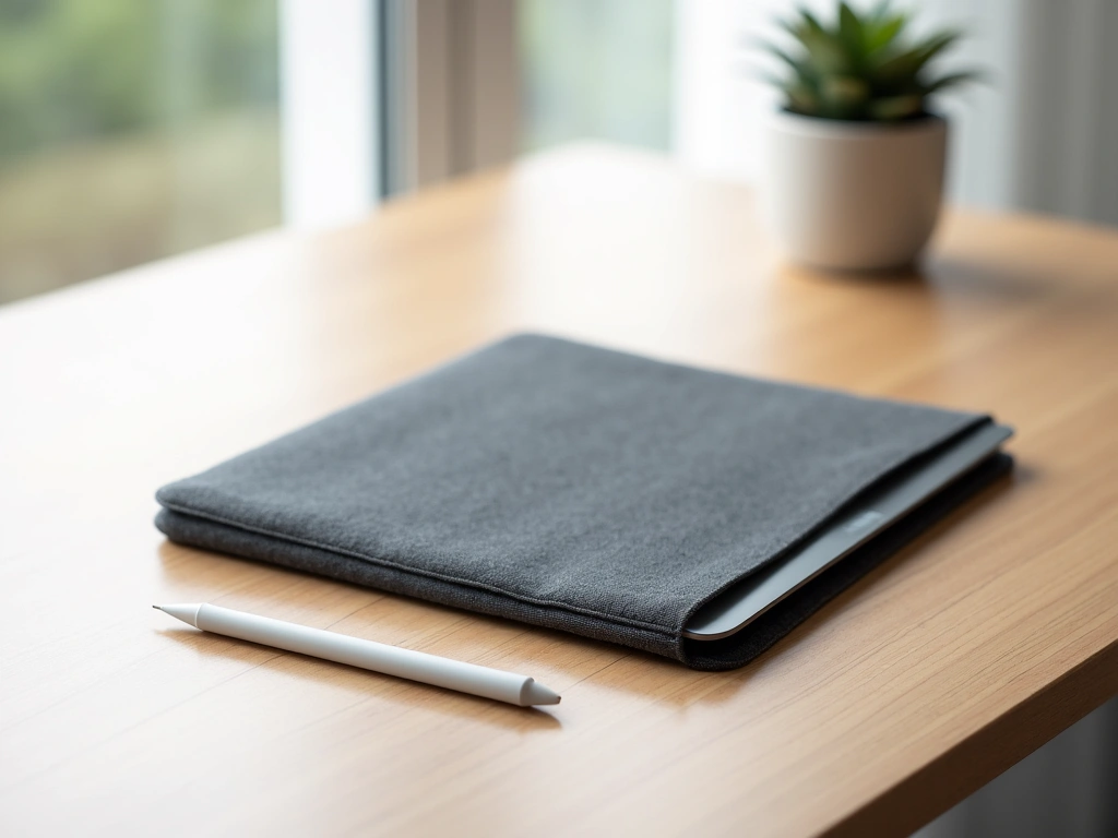 A minimalist workspace featuring a sleek, dark gray iPad sleeve on a light wooden desk. A silver Apple Pencil rests beside...