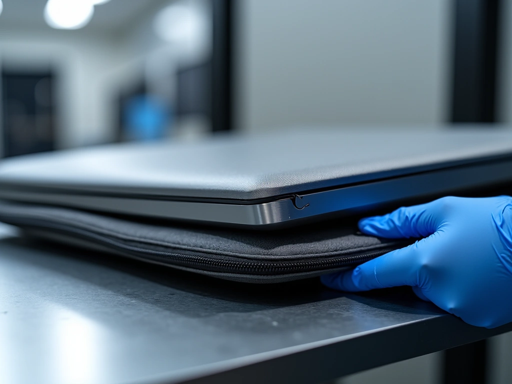 Close-up shot of a laptop sleeve corner being stress-tested in a laboratory. Focus on the reinforced stitching and high-de...