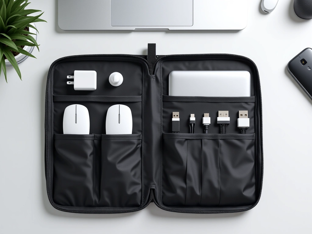 Overhead shot of a laptop sleeve open, revealing neatly organized compartments filled with laptop accessories: a charger, ...