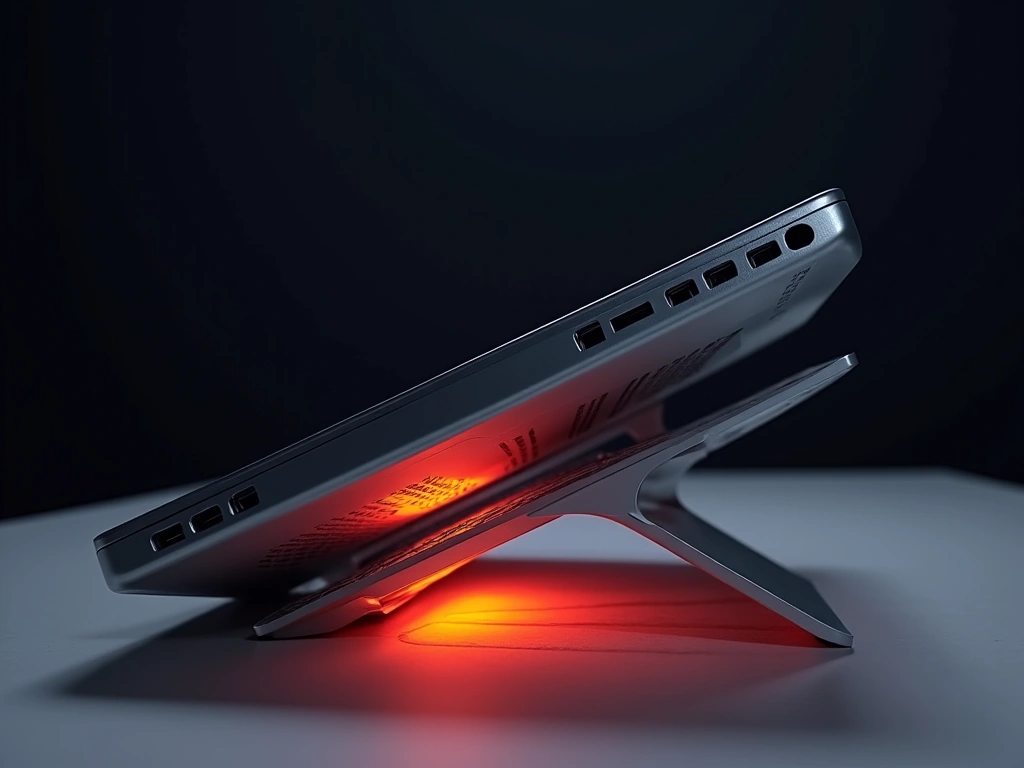 Photorealistic shot of the underside of a laptop resting on a stand designed for ventilation. The image should highlight t...