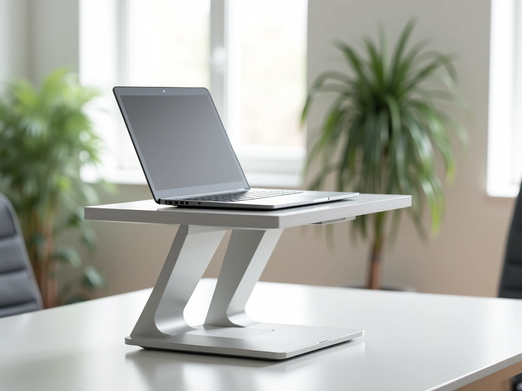 Close-up of a minimalist desk setup featuring a laptop on an aluminum stand, emphasizing the ergonomic height and angle. F...