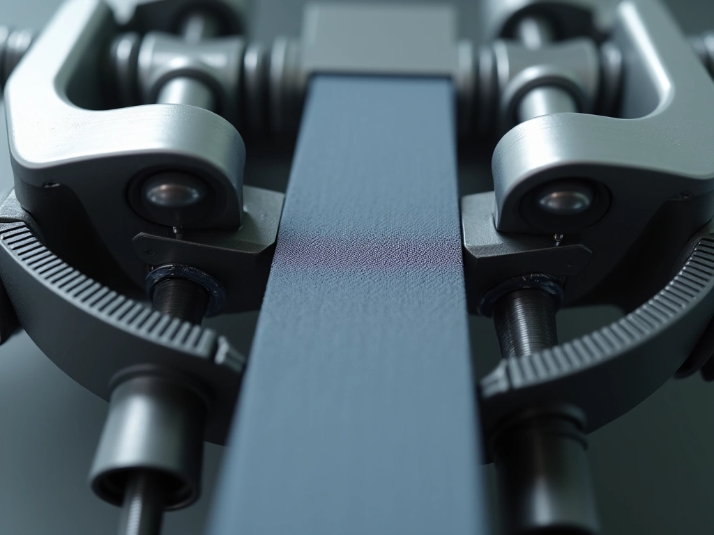 Photorealistic image of a belt undergoing a tensile strength test in a lab setting. The belt is stretched taut between two...