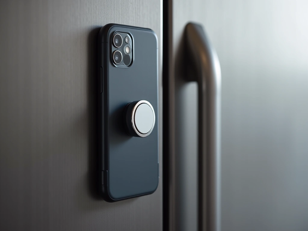 Close-up studio shot of a silver MagSafe ring grip attached to the back of a dark gray smartphone. The phone is magnetical...