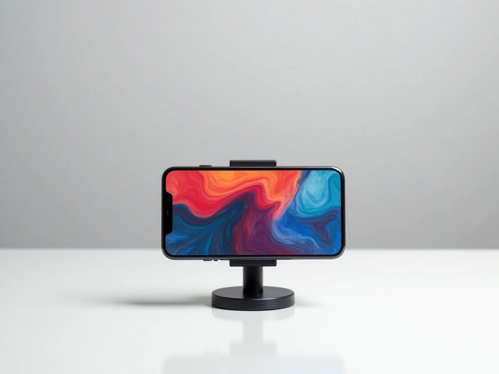 A minimalist, eye-level shot of a black MagSafe phone grip stand on a clean, white desk. The stand is partially rotated, s...