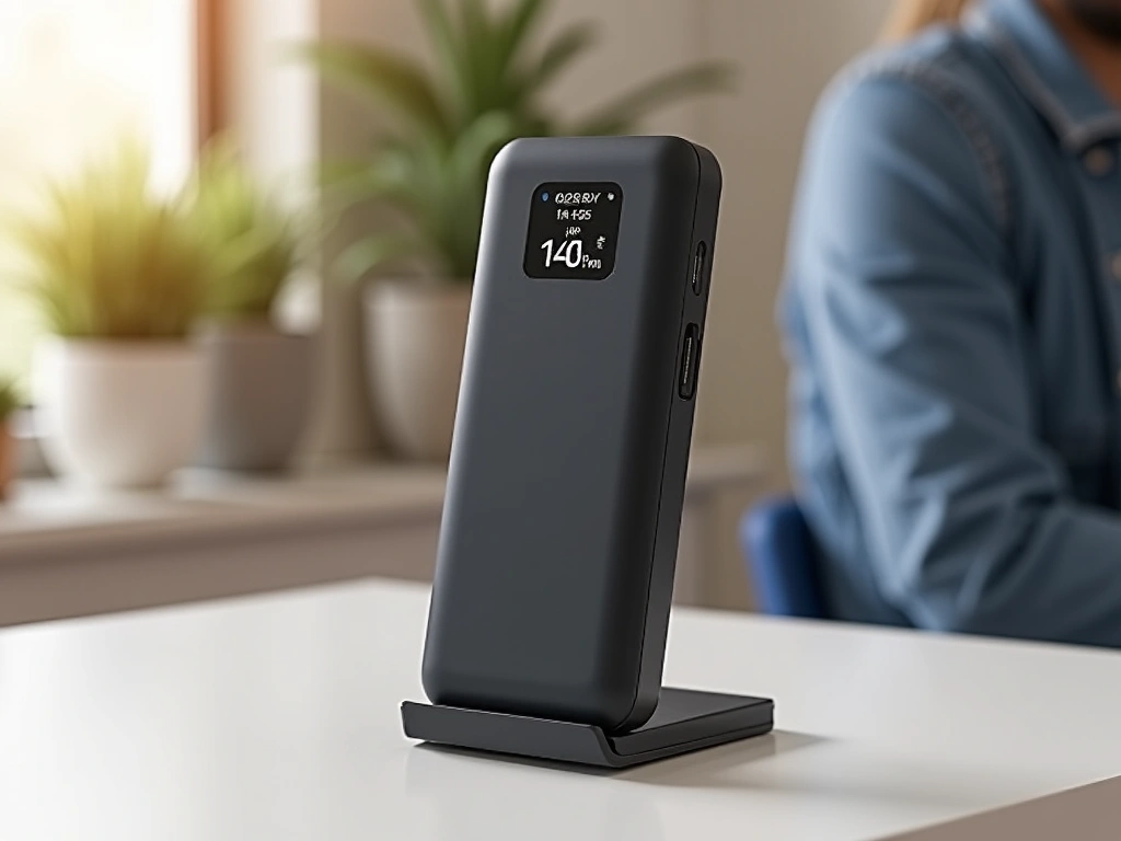 Photorealistic image of a power bank with a built-in kickstand on a modern desk. The digital display shows a battery perce...