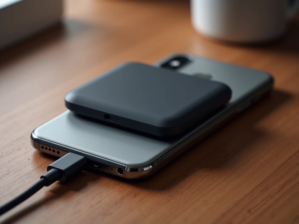 Photorealistic close-up of a sleek, dark gray magnetic power bank attached to the back of a modern smartphone on a wooden ...