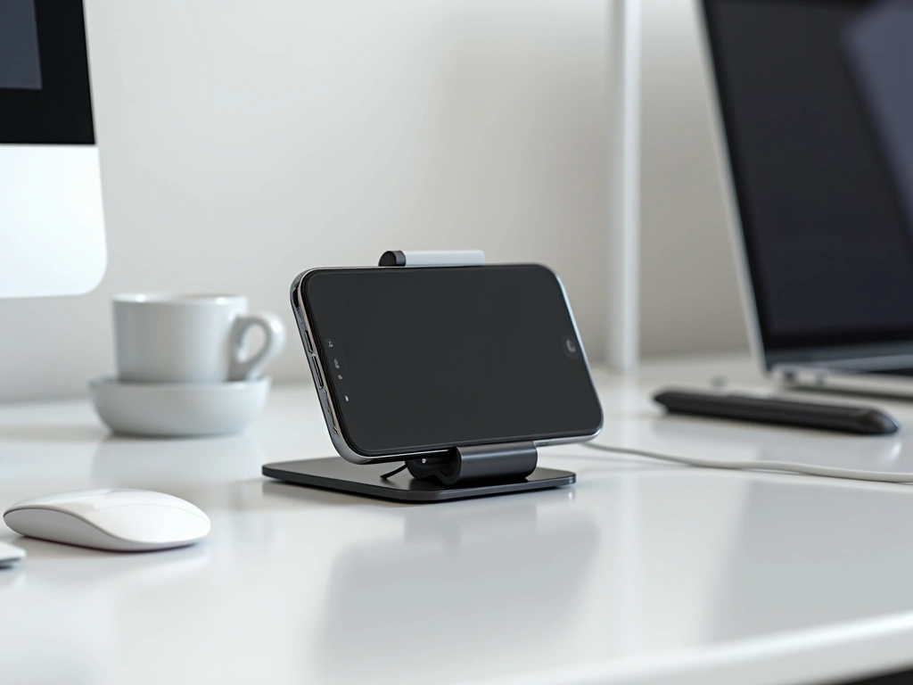 A MagSafe wallet stand propped open, holding an iPhone in landscape orientation on a clean, modern desk. The scene is well...