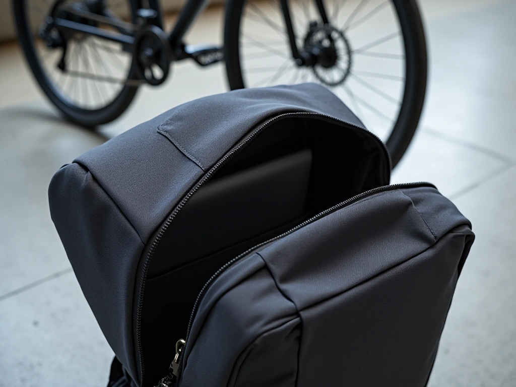 Photorealistic close-up of a sleek, minimalist laptop backpack made of water-resistant Oxford cloth, placed on a polished ...