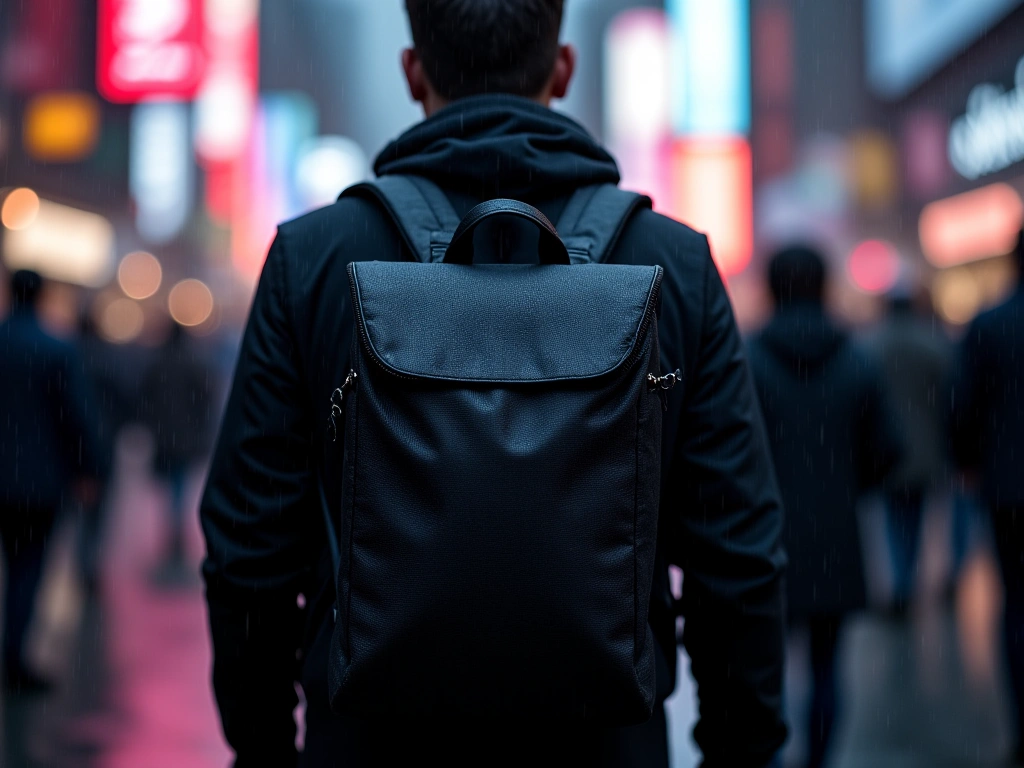 Photorealistic detail shot of a black anti-theft laptop backpack in a crowded urban environment. The backpack is seen from...