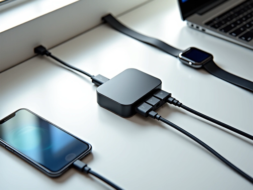 A top-down view of a sleek, modern USB-C multiport charger on a minimalist desk. Cables are neatly organized and plugged i...
