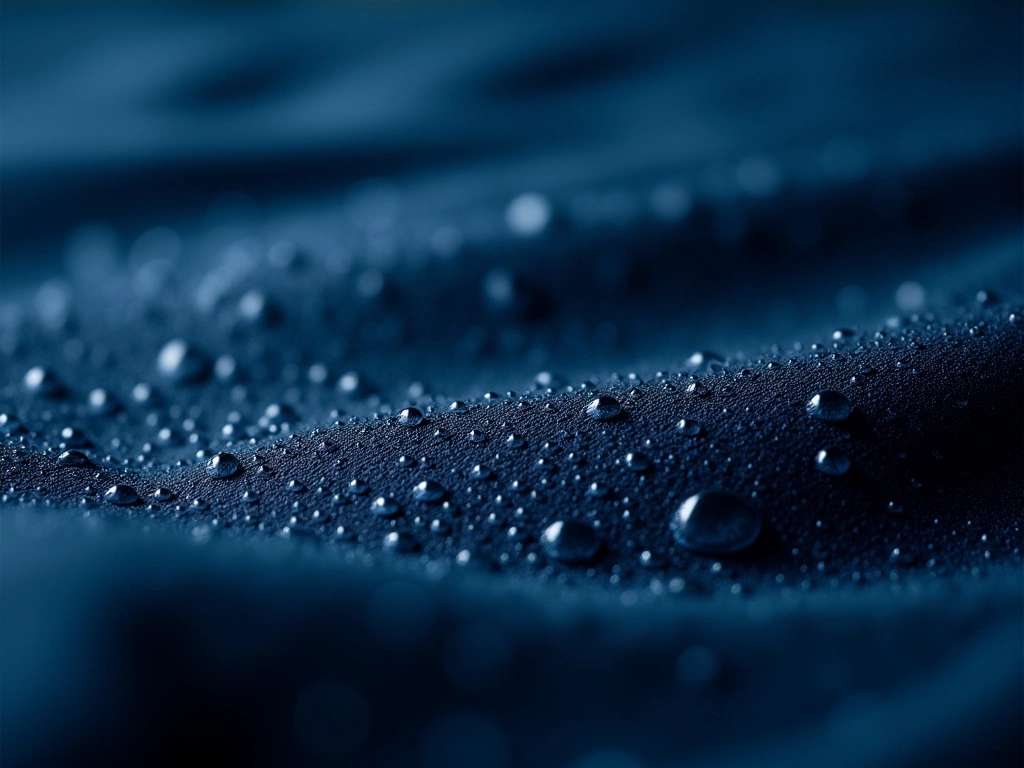 Best Packable Rain Shells: Top 4 Waterproof Jackets for Commuting and Travel 1 Close-up shot of water droplets beading on a tightly woven, dark blue fabric. The texture of the fabric is visible, highli...