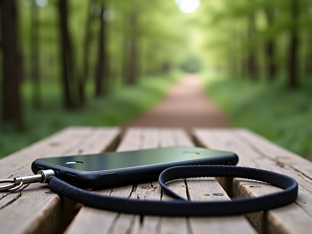 A photorealistic image of a phone lanyard strap attached to a phone case, seen from above, lying on a weathered wooden pic...