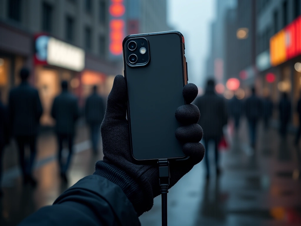 A photorealistic close-up of a smartphone with a black silicone lanyard attached, held securely in a gloved hand. The back...