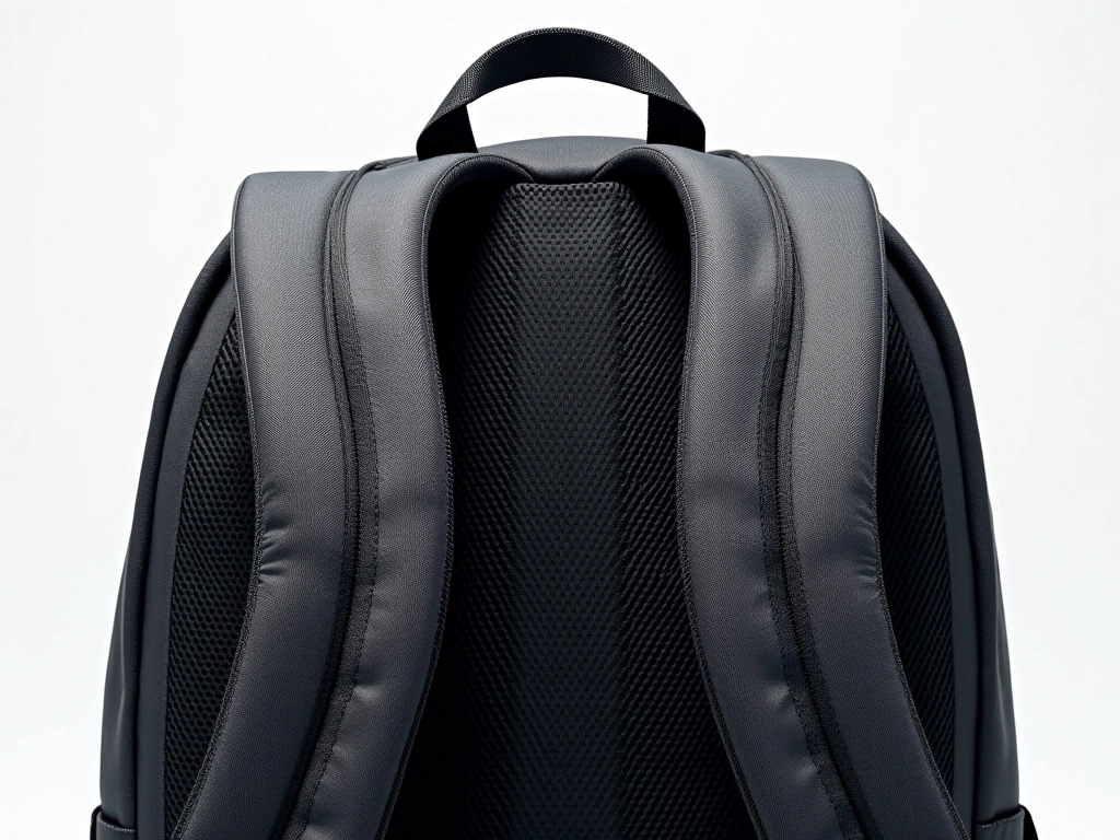 Photorealistic image of a backpack's shoulder strap and back panel, showcasing breathable padding and mesh. The straps are...