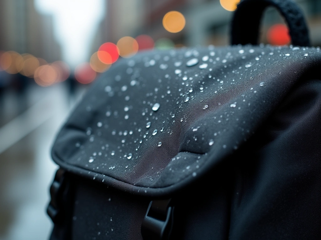Photorealistic close-up of water droplets beading on a tightly woven, dark grey backpack fabric. The background is blurred...