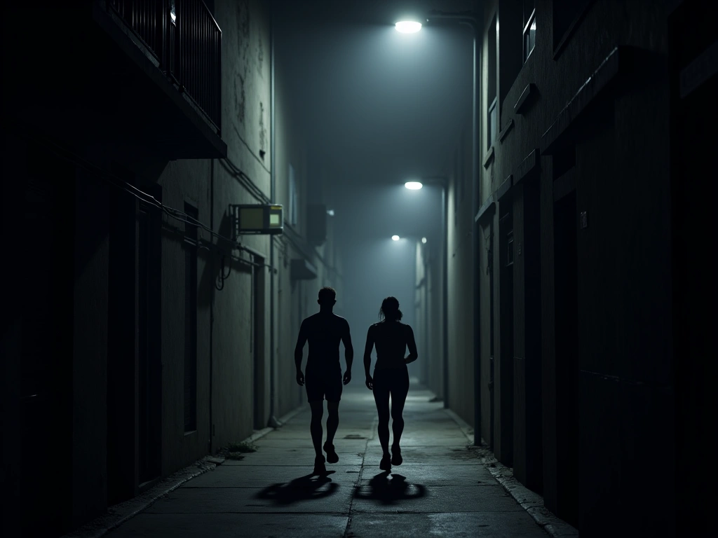 Photorealistic image of a dark urban alleyway at night, illuminated by a single street light, highlighting the reflective ...