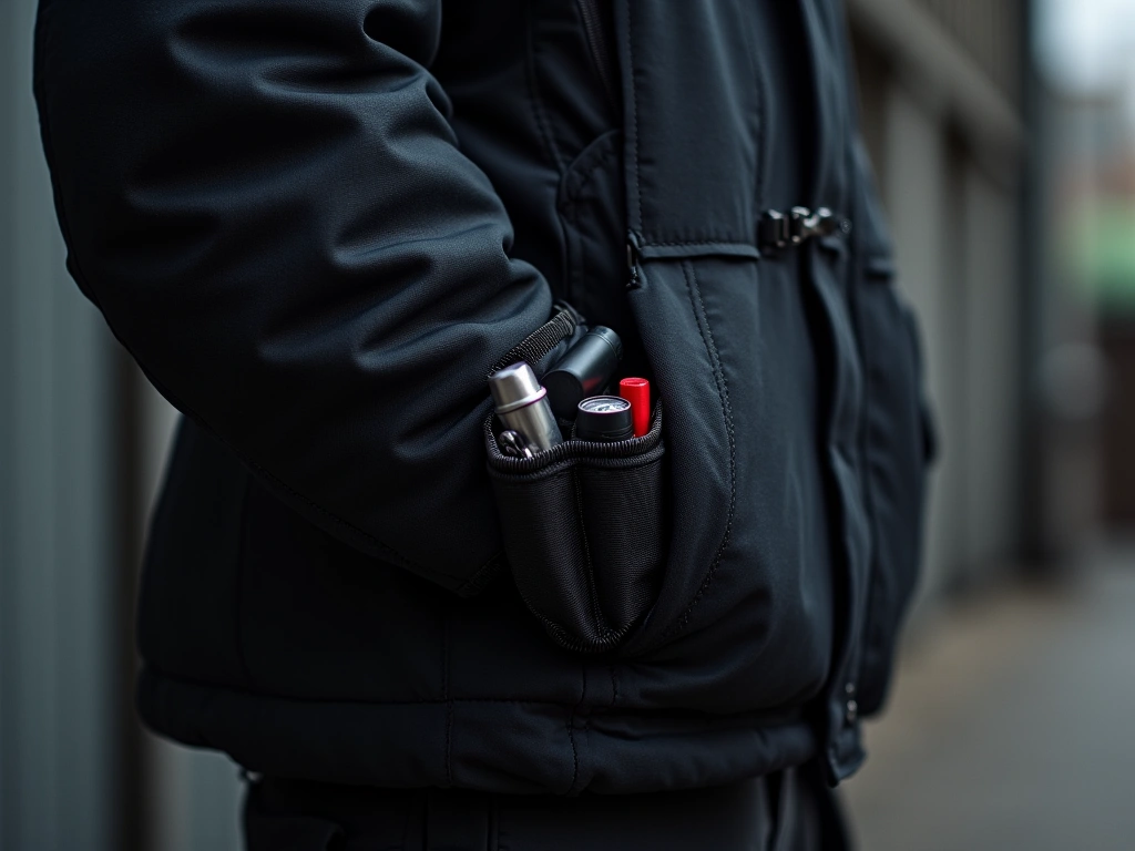 A photorealistic image of a section of a black techwear jacket sleeve, showcasing multiple zippered and velcro pockets. Va...