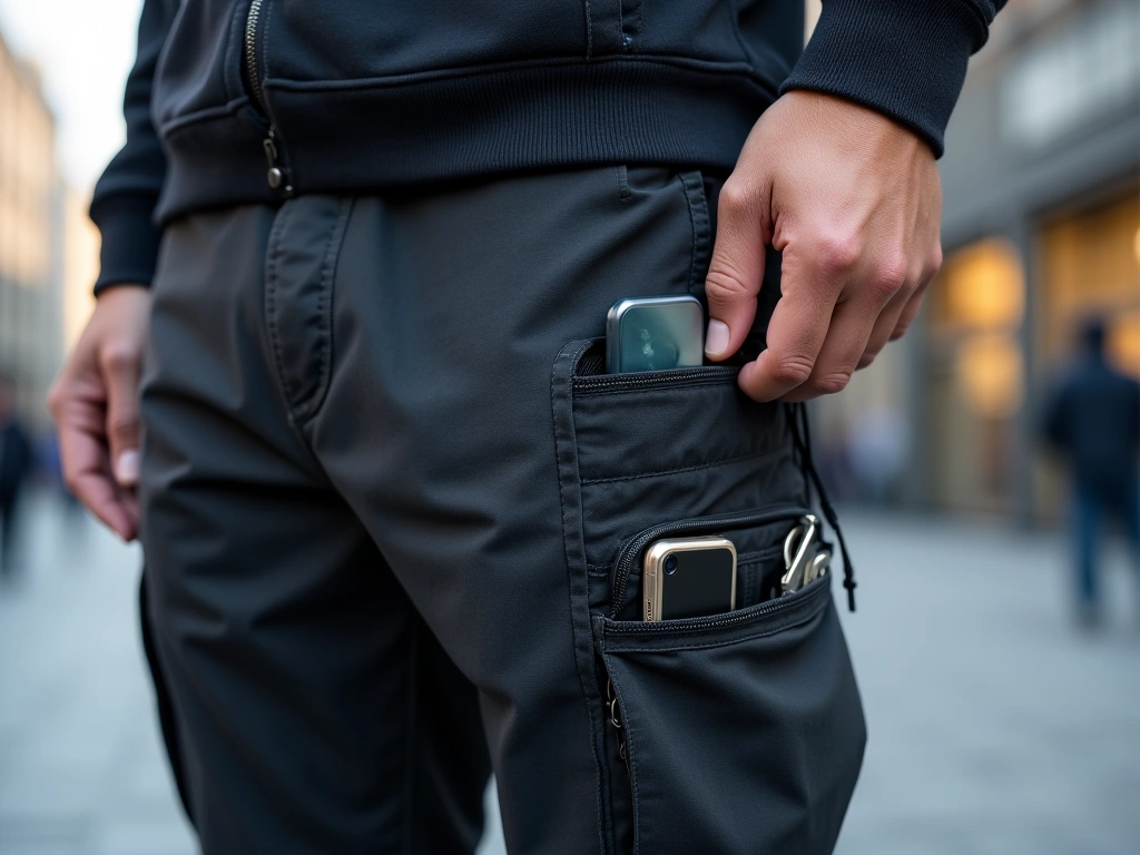 A detailed shot focusing on the cargo pockets of tech joggers. The pockets are partially open, revealing a glimpse of ever...