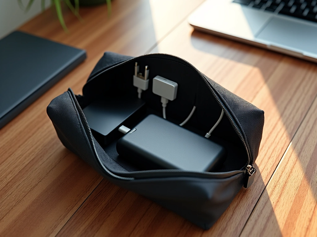 A top-down, photorealistic view into an open tech organizer pouch. Inside, neatly arranged cables, adapters, and a power b...