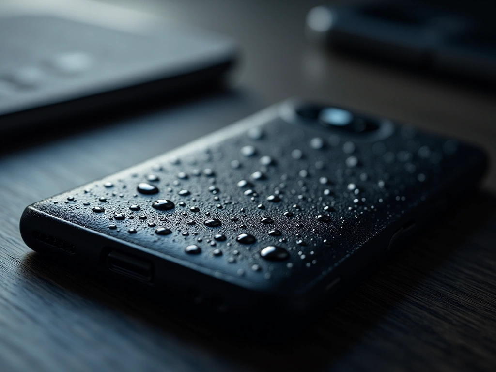 Close-up, photorealistic shot of water droplets beading on the surface of a dark, textured tech organizer. The background ...