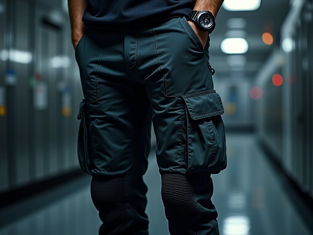 Photorealistic image of folded techwear cargo pants, emphasizing articulated knees and modular design, with water droplets...