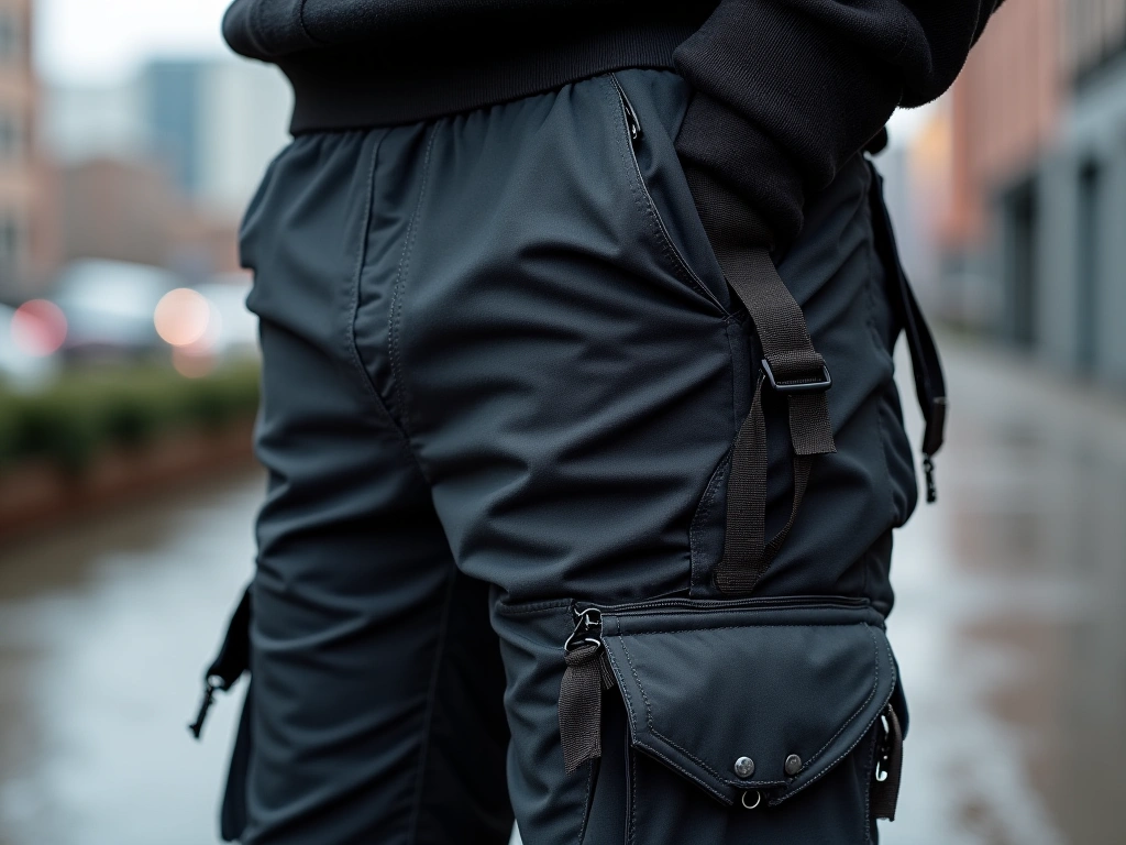 Close-up photorealistic image of techwear cargo pants, showcasing the texture of breathable polyester-spandex blend, multi...