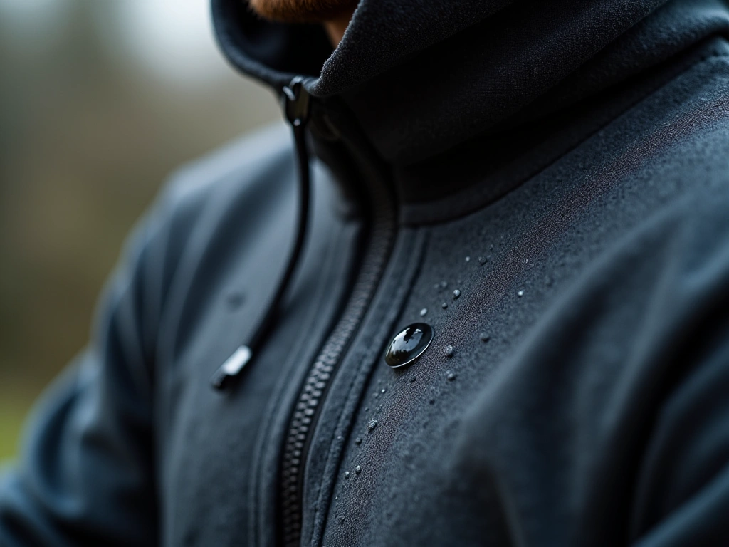 Close-up shot of a textured, dark grey techwear hoodie fabric, showcasing its water-resistant surface with water droplets ...