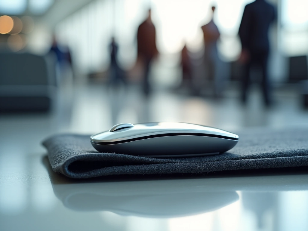 Best Travel Mouse Reviews: Portable, Wireless & Bluetooth Picks 1 A sleek, silver travel mouse, flattened and partially inserted into a slim laptop sleeve. The sleeve is made of a dark gra...