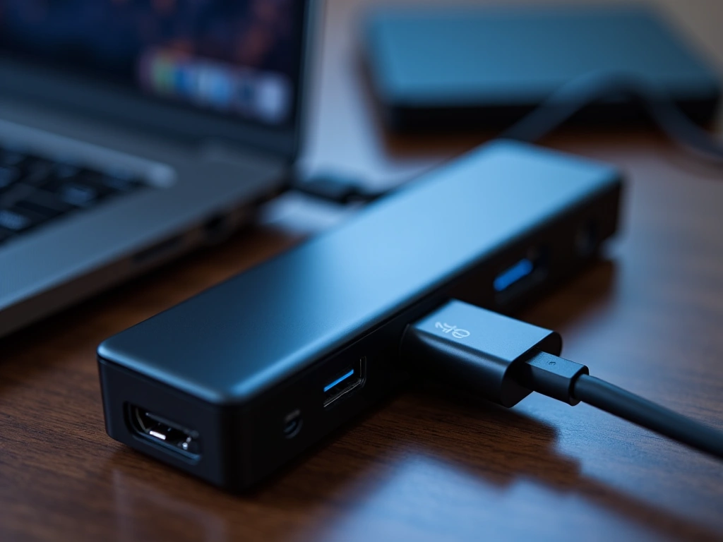 Close-up shot of a USB-C hub connected to a laptop and an external SSD. The focus is on the data transfer process, with su...