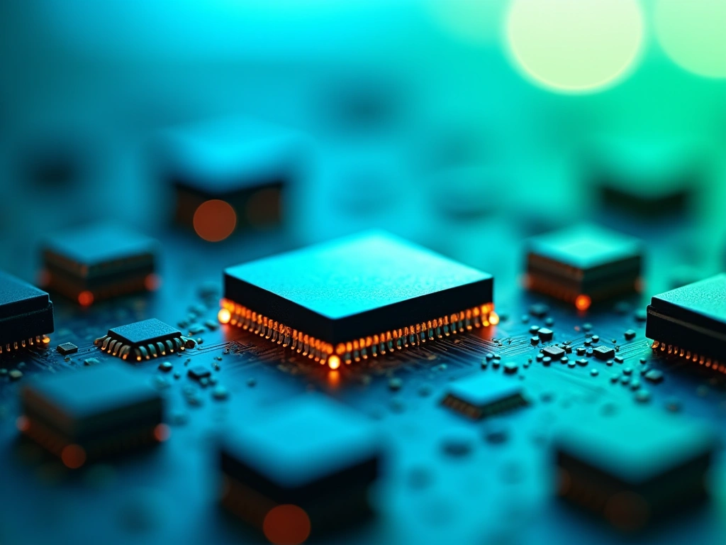 Close-up studio shot of a circuit board with gallium nitride (GaN) components, showcasing intricate details and a futurist...